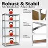 A metal shelving unit with kettlebells on each shelf, illustrating its load-bearing capacity and stability. Close-up shots highlight construction details. Produktbild-Vorschau