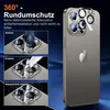 A smartphone with a camera lens protector applied, shown from the back with marketing graphics on the left. Produktbild-Vorschau