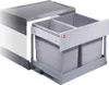 A pull-out kitchen waste bin system with two compartments, shown extended from a cabinet. Produktbild-Vorschau