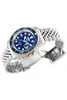 A close-up, angled view of a men's wristwatch with a blue dial and a metal band. Náhled obrázku produktu