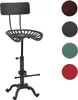 A black and silver industrial-style bar stool with a tractor seat design is shown against a white background. To the right of the stool are four circular swatches of different colors: brown, black, green, and red, likely representing available color option Voir les images du produit