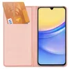 A pink flip case for a smartphone is shown open, with a smartphone displaying a colorful wallpaper on the right side and two credit cards inserted into a slot on the left side. Produktbild-Vorschau