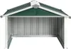 A front view of a green and white metal mower garage. Náhľad obrázku produktu