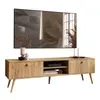 A wooden TV stand with a large flat-screen TV mounted above it. Produktbild-Vorschau
