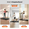A collage of three images showing a treadmill in different modes: running, workstation, and walking. Produktbild-Vorschau