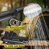A camping shower head with water spraying, set against a blurred background of a tent and trees. Text overlays highlight product features and included accessories. Produktbild-Vorschau