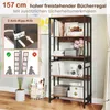 A tall, multi-shelf bookshelf with a rustic brown wood finish and black metal frame, displayed in a room setting with decorative items and plants. The image also includes instructional graphics about anti-tip kits. Podgląd zdjęcia produktu