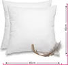 Two white pillows are shown, with a feather in the foreground. Dimensions are indicated by measurement lines. Náhľad obrázku produktu
