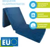 A folded blue mattress is shown with marketing text and icons on the right side. Produktbild-Vorschau