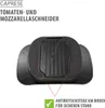 A black tomato and mozzarella slicer is shown from a top-down perspective, with text overlays indicating its brand and features. Produktbild-Vorschau