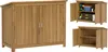 A collage of three images showing a wooden garden storage cabinet from different angles, including one with its doors open to reveal storage shelves and tools. Produktbild-Vorschau