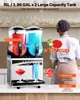 A person is standing behind a commercial slush machine, with drinks and text overlays highlighting features. Produktbild-Vorschau