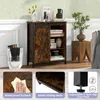 A rustic-style wooden sideboard with sliding doors, displayed in a room setting with decorative items and a stool. The image also includes close-up shots highlighting product features. Náhľad obrázku produktu