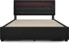 A studio shot of a black upholstered bed frame with a tufted headboard and integrated red LED lighting. Voir les images du produit