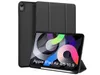 A black iPad case is shown with the iPad inside, displaying a colorful wallpaper. Produktbild-Vorschau