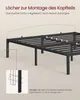 A black metal bed frame is shown from a diagonal angle, with an inset diagram illustrating how to attach a headboard. Text overlays provide instructions and a note about dimensions. Produktbild-Vorschau