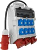 A white electrical distribution box with multiple blue and red outlets, and a black cable attached. Produktbild-Vorschau