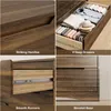 A collage of four close-up images showcasing the features of a wooden dresser. Náhled obrázku produktu