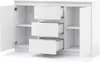 A white sideboard with three drawers and two doors, all open, against a white background. Produktbild-Vorschau