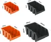 Four different sizes of storage bins are shown, two orange and two black, with dimensions indicated by measurement lines and text. Produktbild-Vorschau