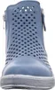 A close-up, front-facing view of a blue leather ankle boot with a perforated diamond pattern. Produktbild-Vorschau
