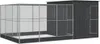 A large, dark gray metal aviary with a mesh enclosure attached to a solid shed-like structure. Produktbild-Vorschau