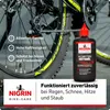 A bottle of bicycle chain oil is shown next to a bicycle chain and wheel, with feature callouts. Produktbild-Vorschau