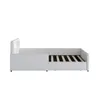 A white bed frame with a slatted base, shown from the side against a white background. Produktbild-Vorschau