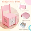A pink children's chair with a storage drawer, shown with close-up views of its features and text descriptions. Voir les images du produit
