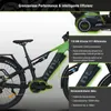 A close-up marketing image of an electric mountain bike, highlighting its motor and battery features with text overlays. Produktbild-Vorschau