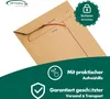 A brown cardboard envelope with marketing overlays highlighting its features. Produktbild-Vorschau