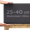 Hands demonstrating the size of a mattress topper on a wooden bed frame. Produktbild-Vorschau