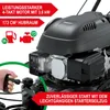 Close-up of a lawnmower engine with marketing text overlays highlighting its features. Produktbild-Vorschau