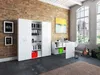 A modern office space with a white storage unit, desk, and office supplies. Produktbild-Vorschau
