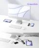 Two images showing a desk setup with an iMac, keyboard, mouse, tablet, and phone, demonstrating organized and disorganized cable management. Produktbild-Vorschau