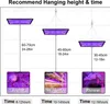 Diagram showing recommended hanging heights and light exposure times for different types of plants (fruits, vegetables, flowers) using grow lights. Náhľad obrázku produktu