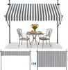 A striped awning over a table and chairs, with two smaller images below showing the awning in different states of extension. Náhled obrázku produktu