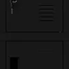 A close-up of a black metal cabinet with a key in the lock and a ventilation grate. Produktbild-Vorschau