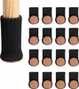A set of black knitted chair leg protectors with brown felt bottoms displayed against a white background. One protector is shown on a wooden chair leg on the left, and a grid of 15 protectors is shown on the right. Produktbild-Vorschau