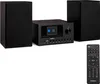 A black Medion micro audio system with two speakers and a remote control, displayed on a white background. Produktbild-Vorschau