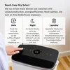 A person's finger is shown interacting with the control panel of a white and black dehumidifier. Above the dehumidifier, there are three informational panels describing different modes. Produktbild-Vorschau