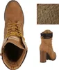A top-down view of a brown lace-up boot with yellow laces and a side view of the same boot showing a block heel. Produktbild-Vorschau