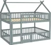 A gray wooden bunk bed with a house-shaped frame and a ladder. Náhled obrázku produktu
