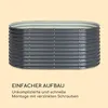 A gray, oval-shaped raised garden bed made of corrugated metal, shown from the front on a light yellow background. Text below describes its easy assembly. Produktbild-Vorschau