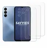 A light blue smartphone is shown next to three clear screen protectors, with the brand name 'SAVVIES' visible on one of the protectors. Produktbild-Vorschau