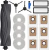 A collection of cleaning accessories for a robot vacuum cleaner, including a main brush, mop pads, dust bags, filters, and side brushes, laid out on a white background. Produktbild-Vorschau