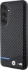 A close-up view of a black smartphone case with a carbon fiber texture and BMW branding. Produktbild-Vorschau