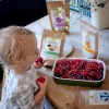 A young child is reaching for berries next to several pouches of baby food on a wooden table. Podgląd zdjęcia produktu