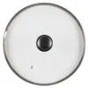 A top-down view of a glass pot lid with a black handle. Podgląd zdjęcia produktu