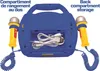 The back of a blue portable karaoke player for kids, with two microphones attached and cables inside a storage compartment. Produktbild-Vorschau